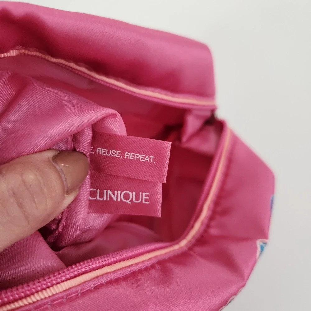 Clinique Pink Satin Glow Embroidered Patch Makeup Cosmetic Bag Travel Pouch NWOT